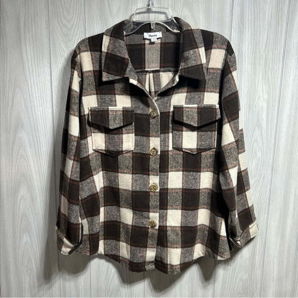 Shero women’s Brown Plaid Button Front Shacket Size Large